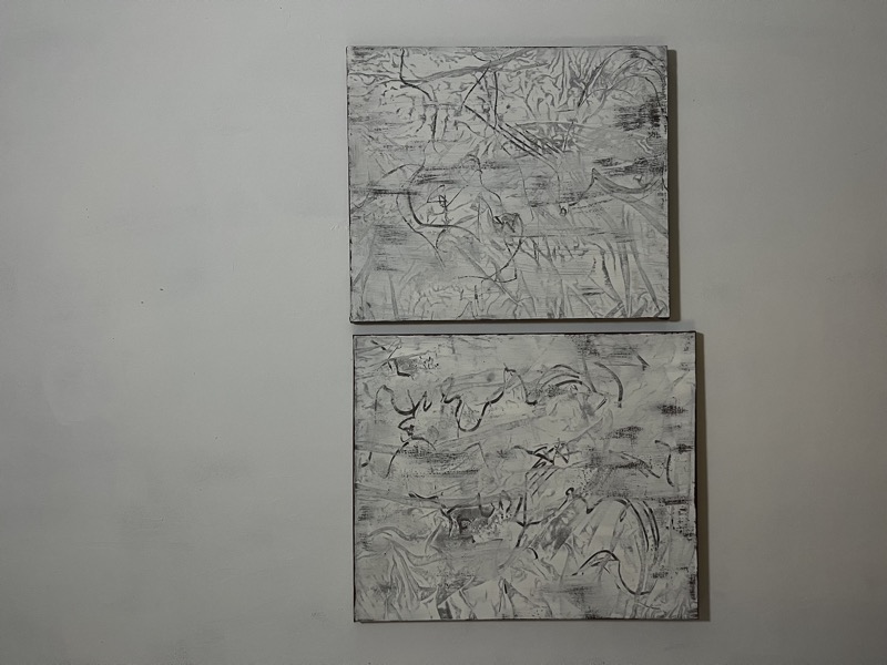 Traces — diptych of scratched line drawings in white and graphite